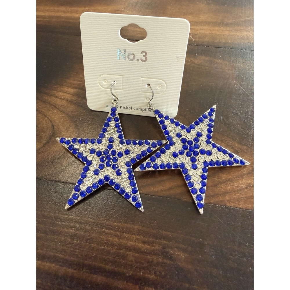 Large Dallas Cowboys Star Dangle Earrings Blue Clear Crystals Statement Jewelry